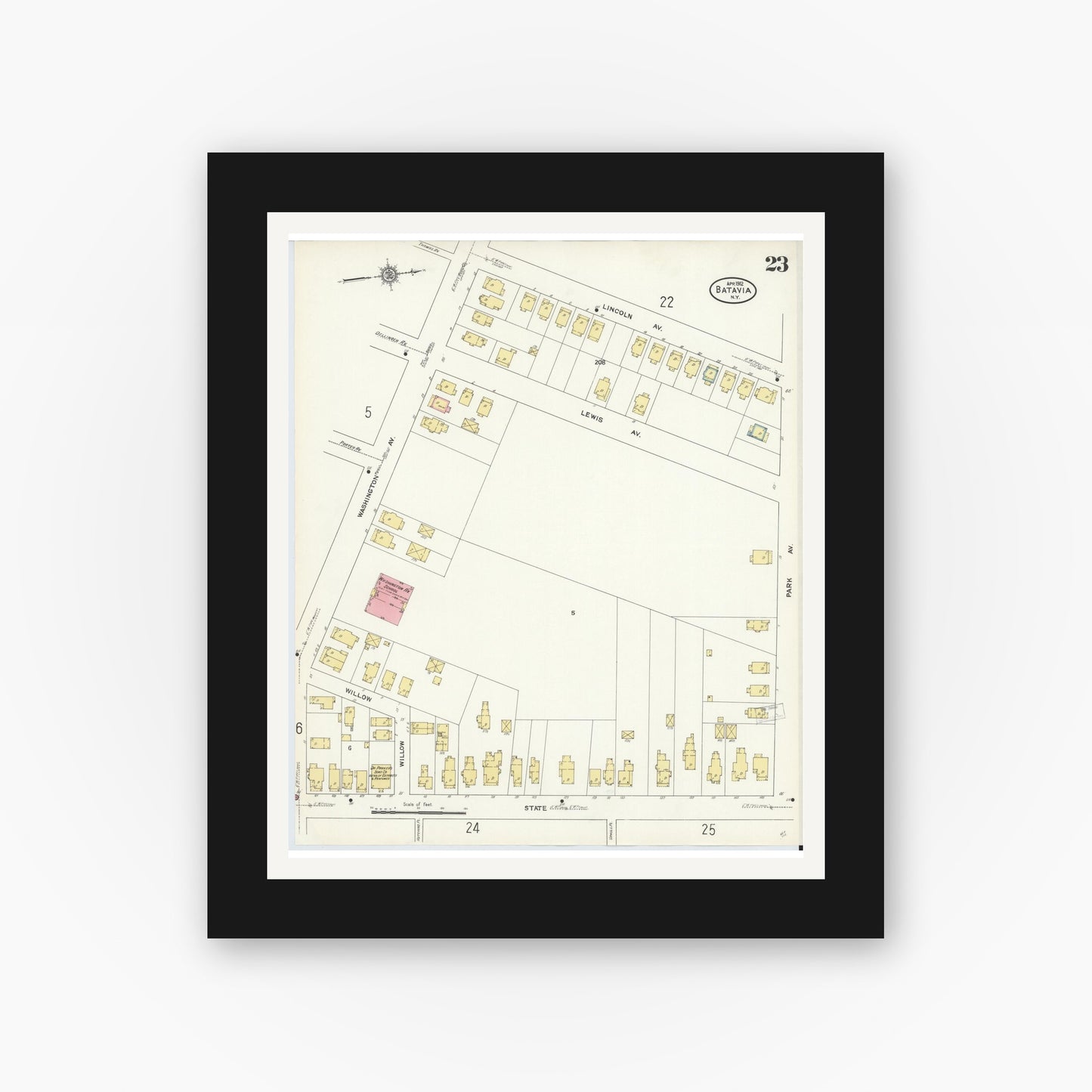 Old map wall art mockup — black gallery frame with white mat — Sanborn Fire Insurance Map from Batavia, Genesee County, New York (1912), Sheet #0023