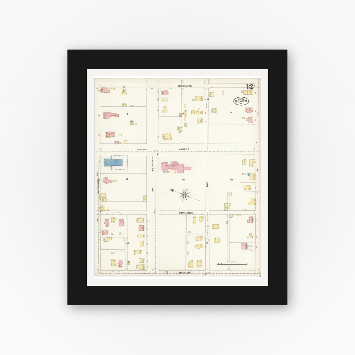 Old map wall art mockup — black gallery frame with white mat — Sanborn Fire Insurance Map from Beaver, Beaver County, Pennsylvania (1906), Sheet #0012