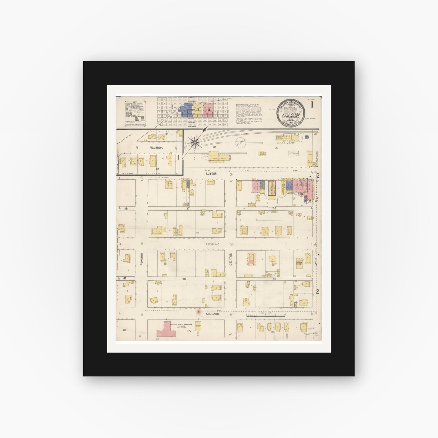 Old map wall art mockup — black gallery frame with white mat — Sanborn Fire Insurance Map from Folsom, Sacramento County, California (1910) - Complete Map Set