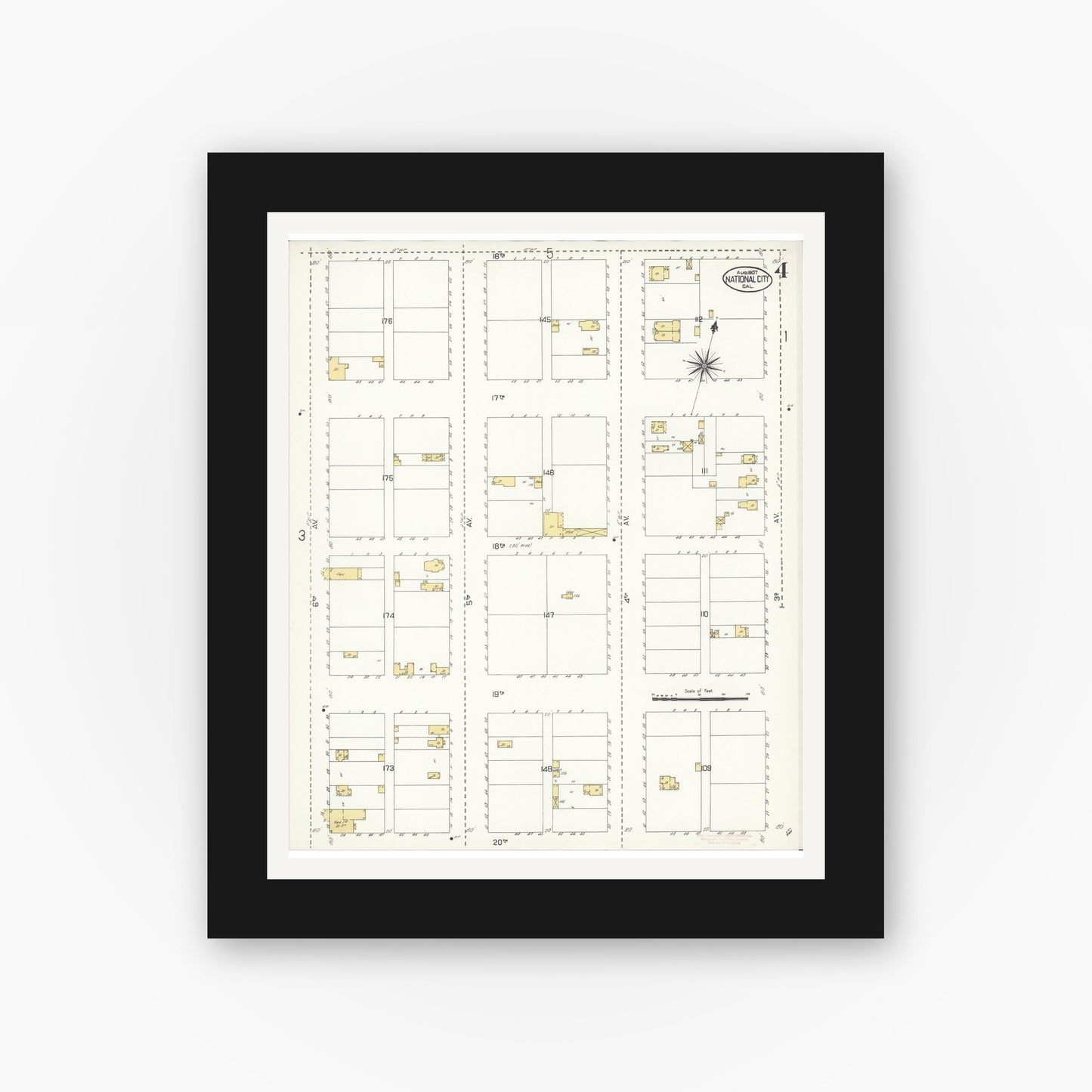 Old map wall art mockup — black gallery frame with white mat — Sanborn Fire Insurance Map from National City, San Diego County, California (1907), Sheet #0004