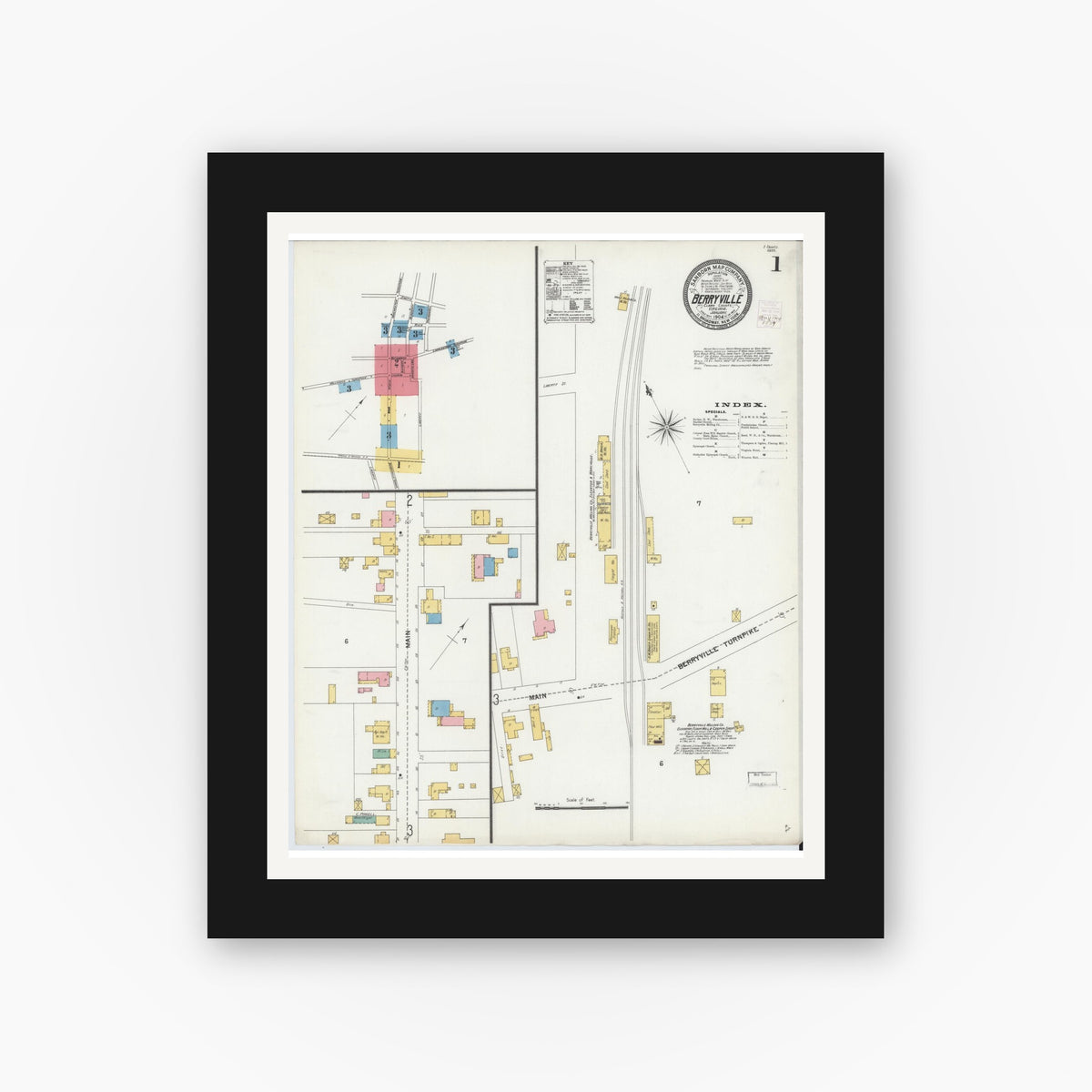 Old map wall art mockup — black gallery frame with white mat — Sanborn Fire Insurance Map from Berryville, Clark County, Virginia (1904), Sheet #0001