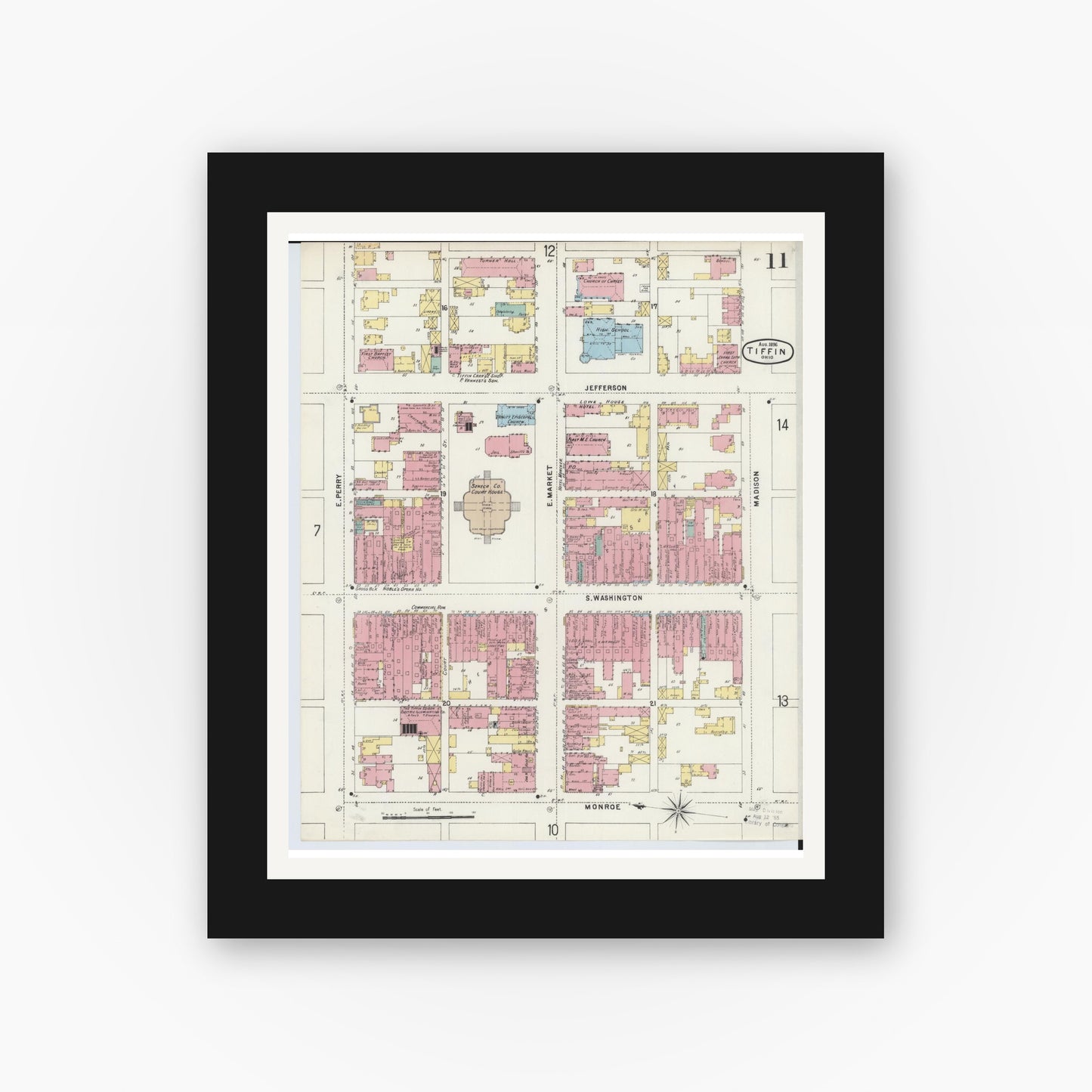 Old map wall art mockup — black gallery frame with white mat — Sanborn Fire Insurance Map from Tiffin, Seneca County, Ohio (1896), Sheet #0011