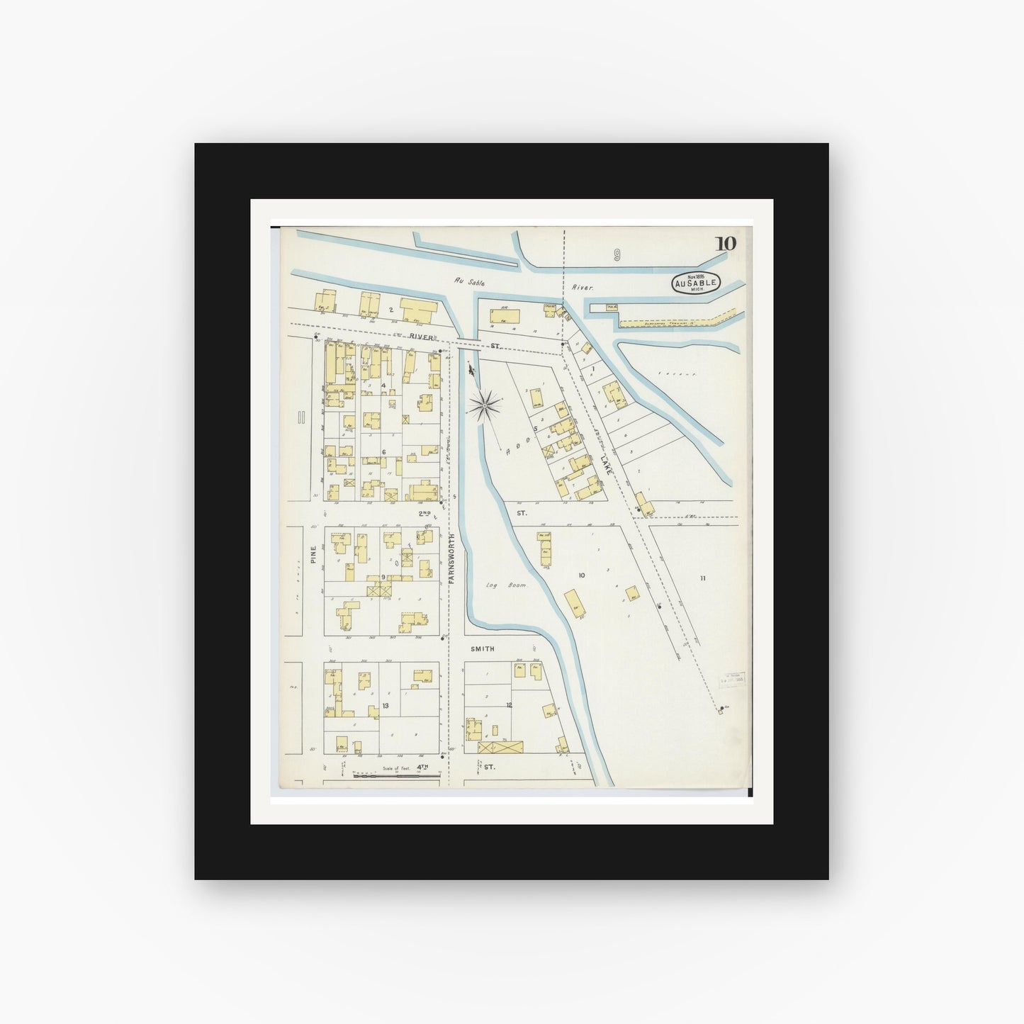 Old map wall art mockup — black gallery frame with white mat — Sanborn Fire Insurance Map from Oscoda, Iosco County, Michigan (1895), Sheet #0010