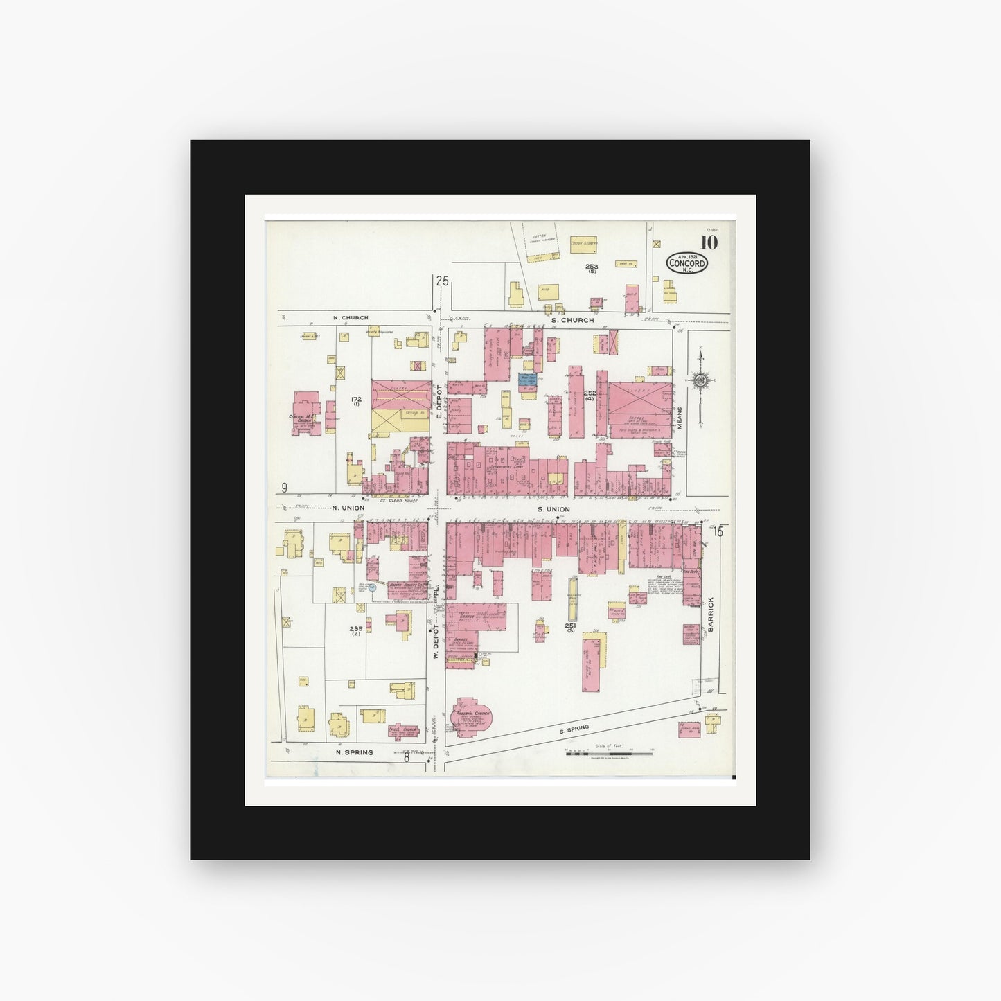 Old map wall art mockup — black gallery frame with white mat — Sanborn Fire Insurance Map from Concord, Cabarrus County, North Carolina (1921), Sheet #0010