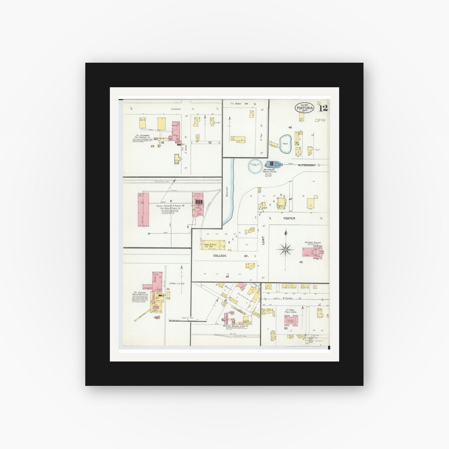Old map wall art mockup — black gallery frame with white mat — Sanborn Fire Insurance Map from Fostoria, Seneca, Hancock, And Wood Counties, Ohio (1901), Sheet #0012