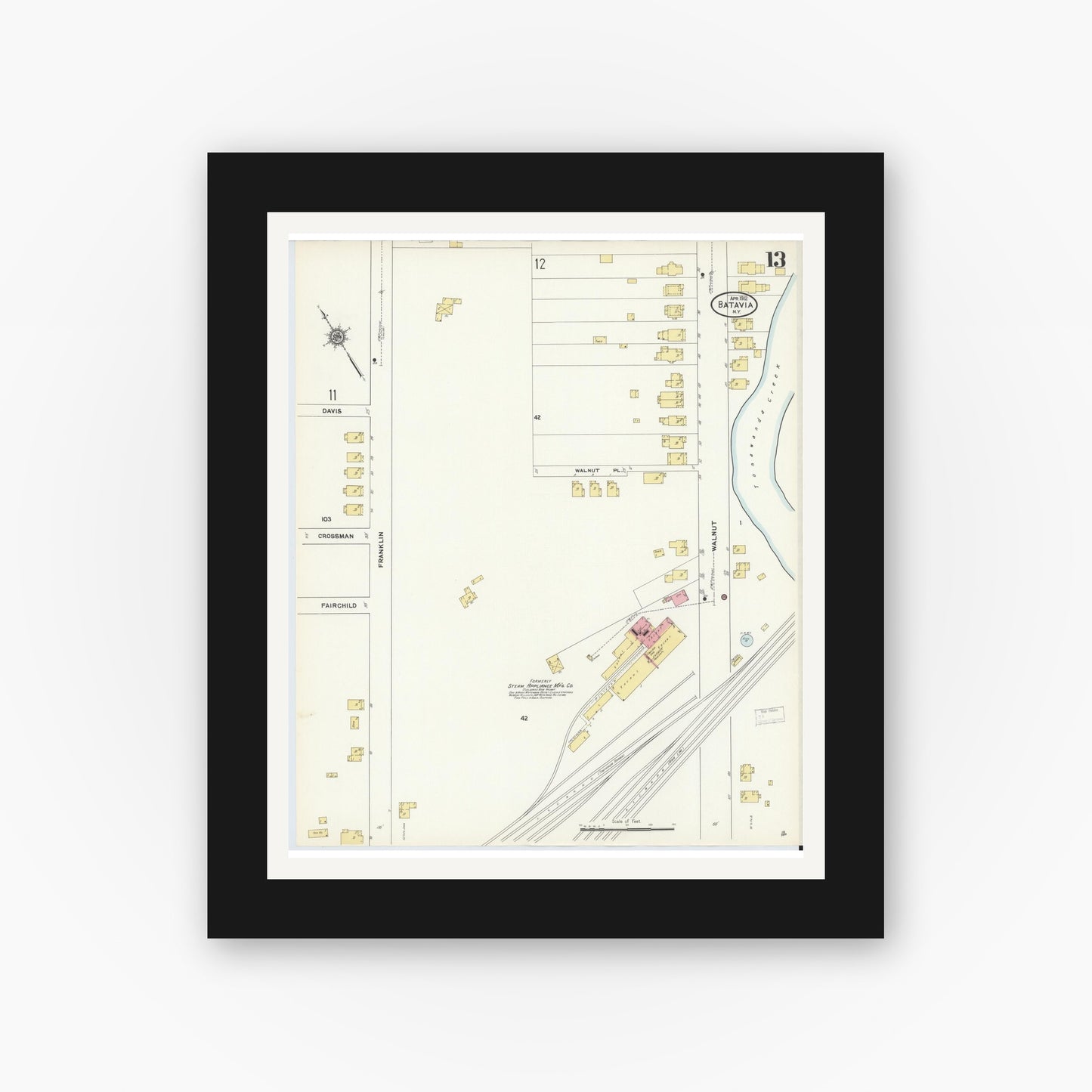 Old map wall art mockup — black gallery frame with white mat — Sanborn Fire Insurance Map from Batavia, Genesee County, New York (1912), Sheet #0013