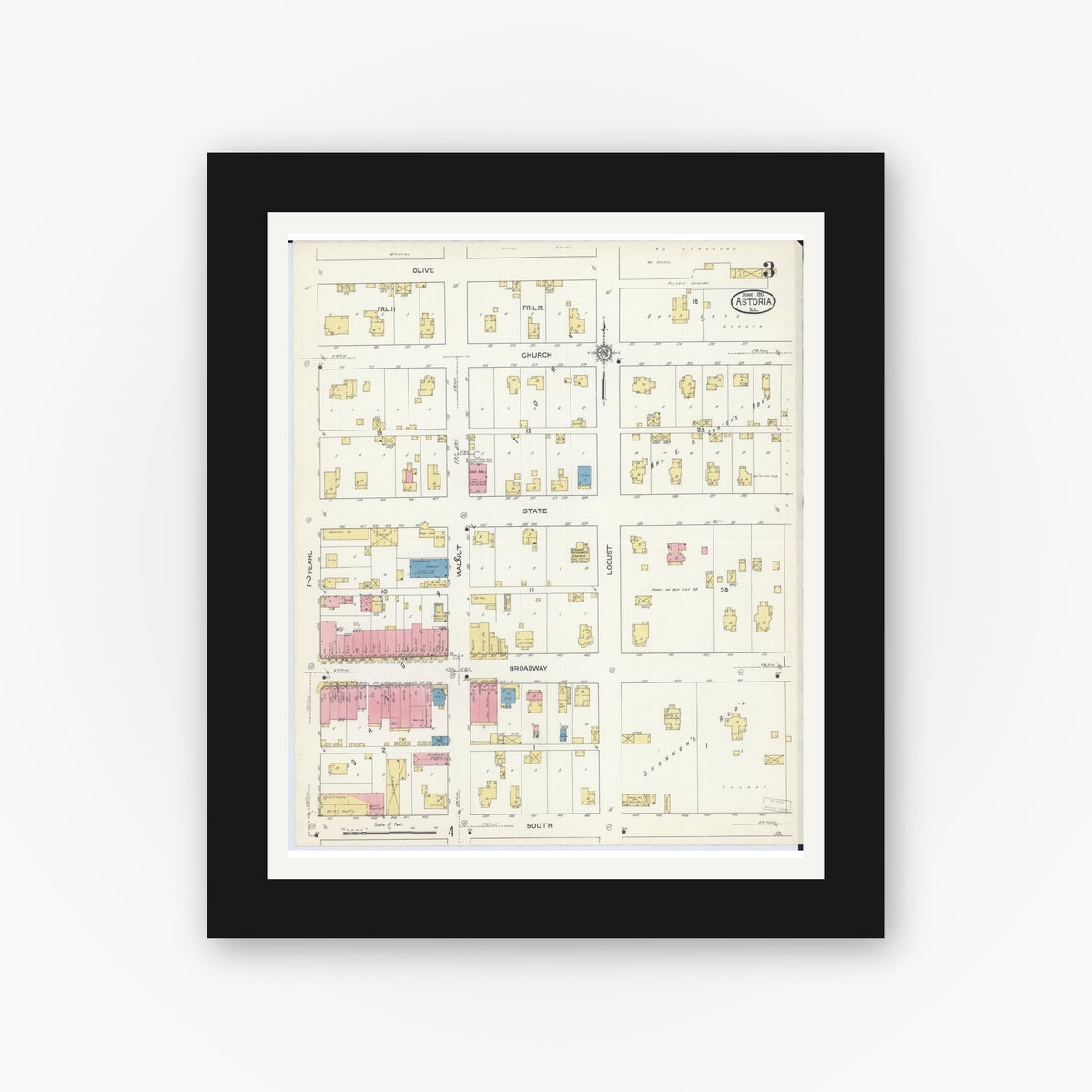Old map wall art mockup — black gallery frame with white mat — Sanborn Fire Insurance Map from Astoria, Fulton County, Illinois (1913), Sheet #0003