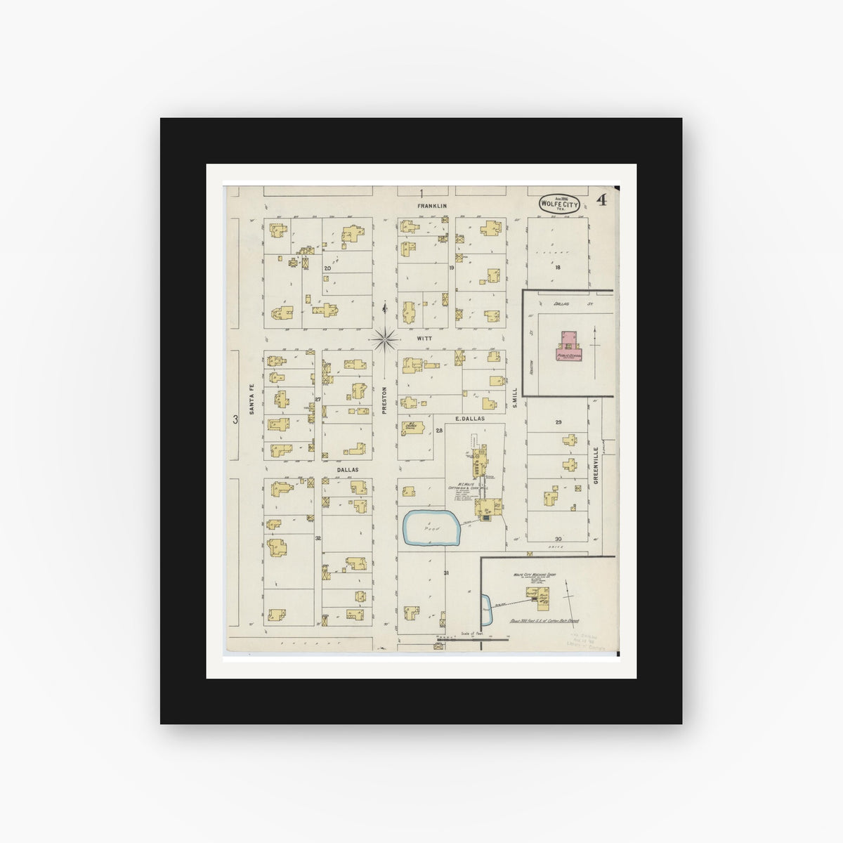 Old map wall art mockup — black gallery frame with white mat — Sanborn Fire Insurance Map from Wolfe City, Hunt County, Texas (1896), Sheet #0004
