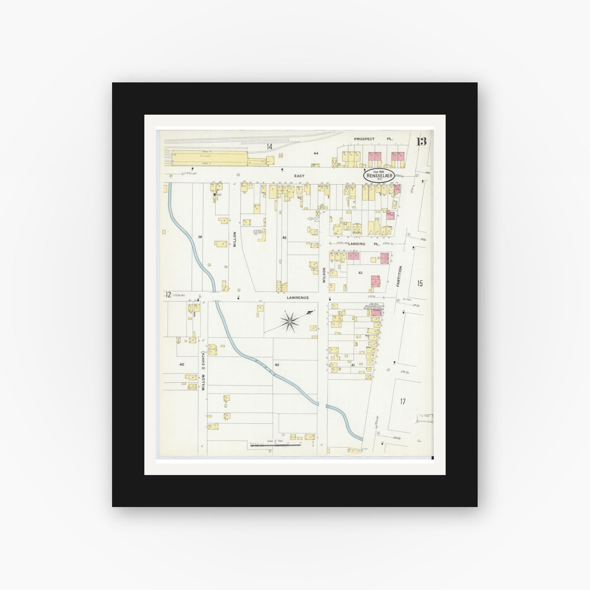 Old map wall art mockup — black gallery frame with white mat — Sanborn Fire Insurance Map from Rensselaer, Rensselaer County, New York (1909), Sheet #0013