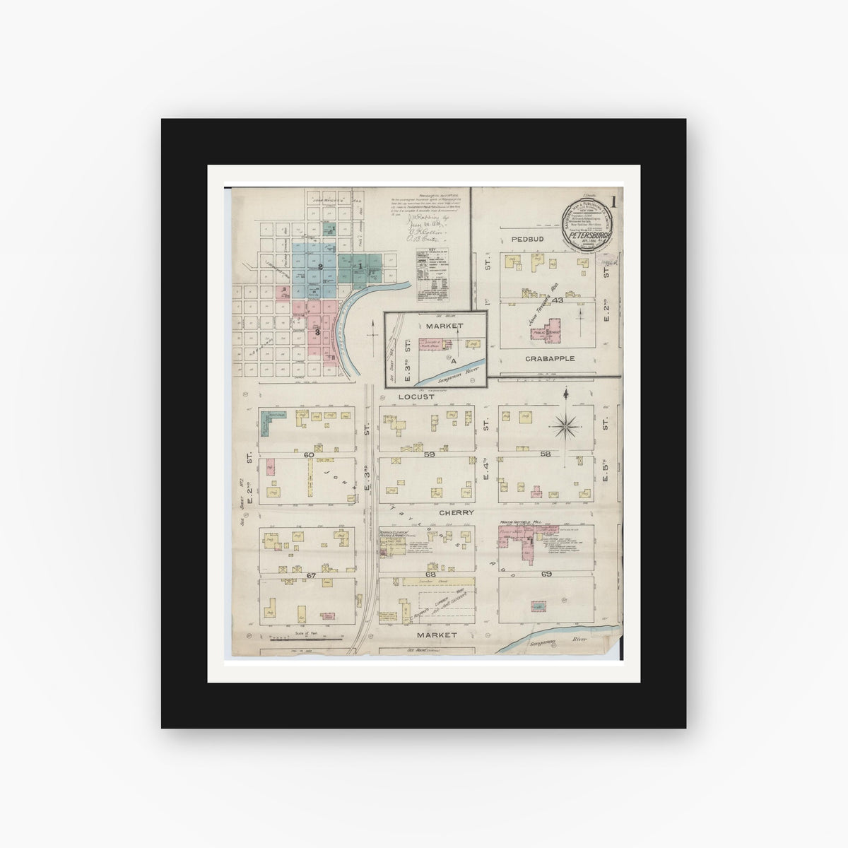 Old map wall art mockup — black gallery frame with white mat — Sanborn Fire Insurance Map from Petersburg, Menard County, Illinois (1886) - Complete Map Set