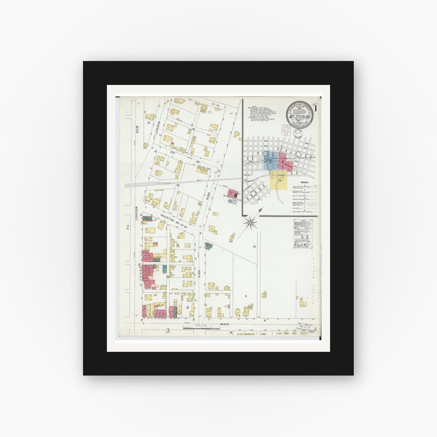 Old map wall art mockup — black gallery frame with white mat — Sanborn Fire Insurance Map from Mount Sterling, Madison County, Ohio (1901), Sheet #0001