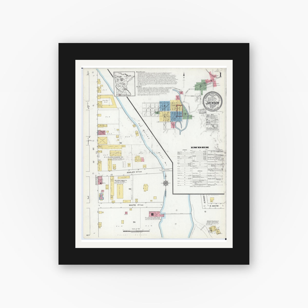 Old map wall art mockup — black gallery frame with white mat — Sanborn Fire Insurance Map from Jackson, Jackson County, Minnesota (1917), Sheet #0001