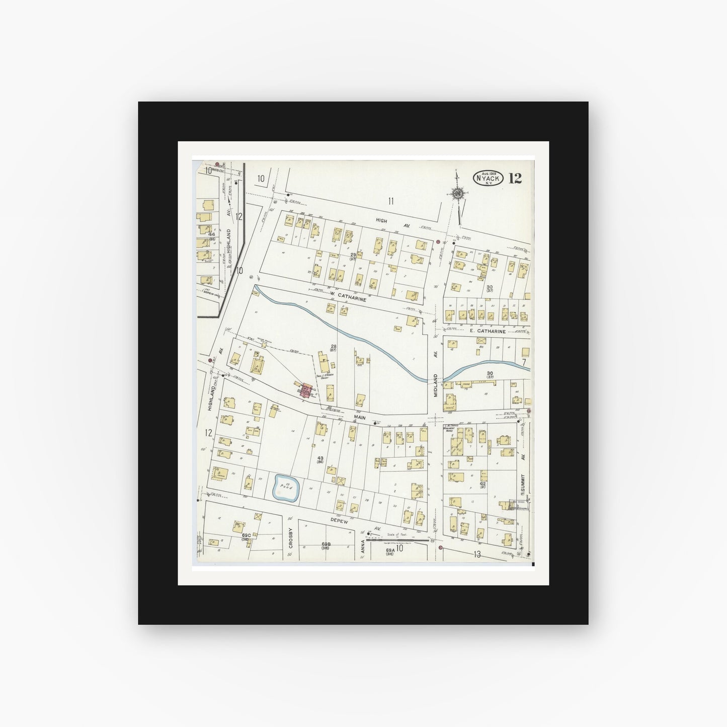 Old map wall art mockup — black gallery frame with white mat — Sanborn Fire Insurance Map from Nyack, Rockland County, New York. (1919), Sheet #0012