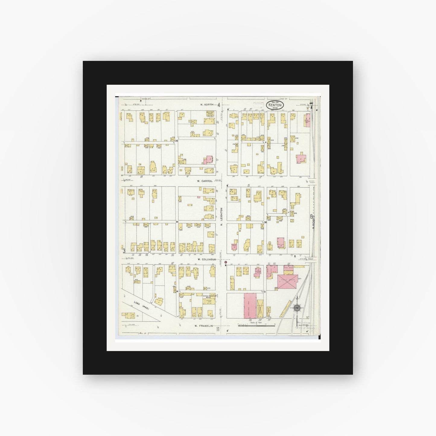 Old map wall art mockup — black gallery frame with white mat — Sanborn Fire Insurance Map from Kenton, Hardin County, Ohio (1911), Sheet #0007