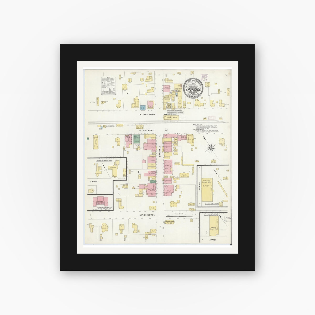 Old map wall art mockup — black gallery frame with white mat — Sanborn Fire Insurance Map from La Grange, Lenoir County, North Carolina (1908), Sheet #0001