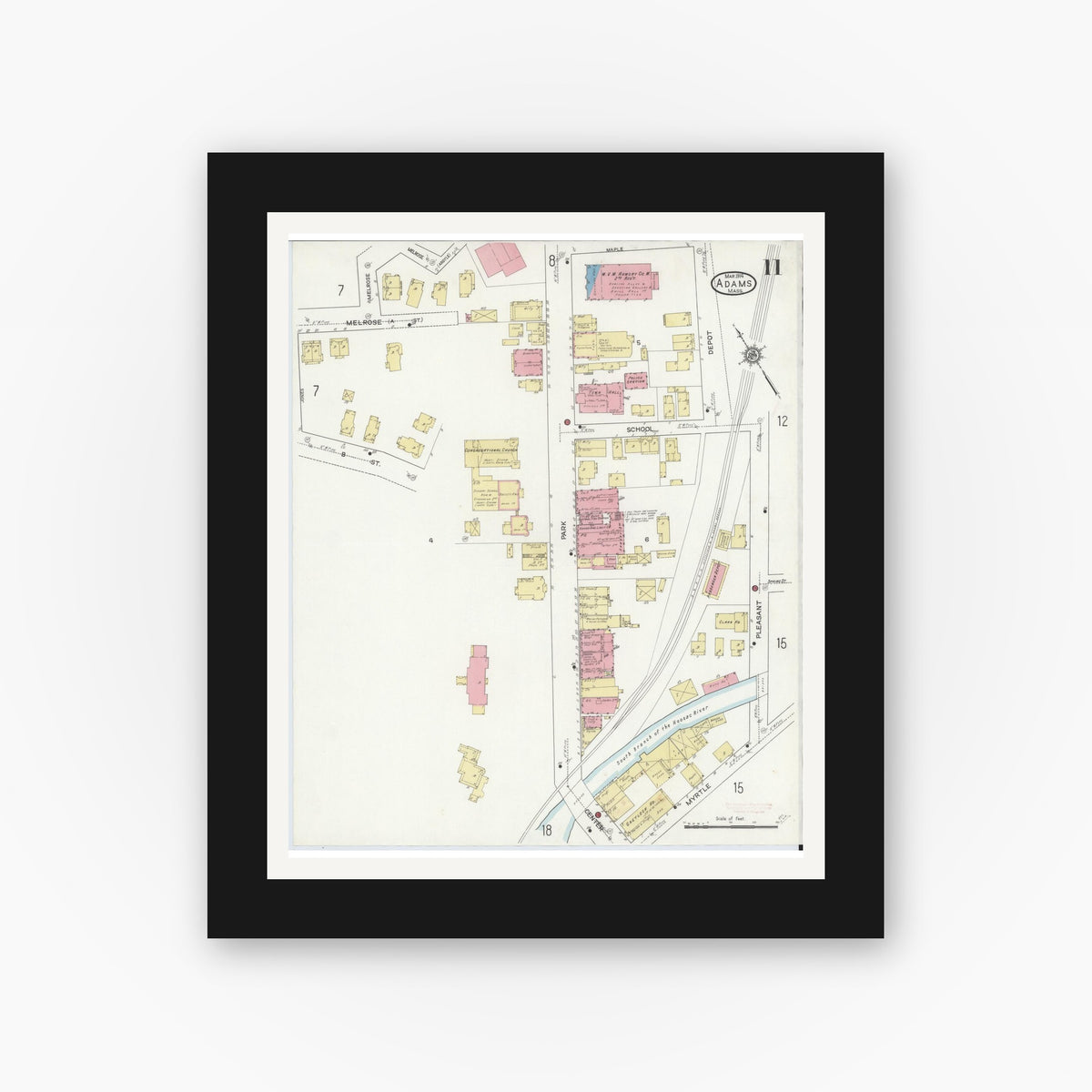 Old map wall art mockup — black gallery frame with white mat — Sanborn Fire Insurance Map from Adams, Berkshire County, Massachusetts (1914), Sheet #0011