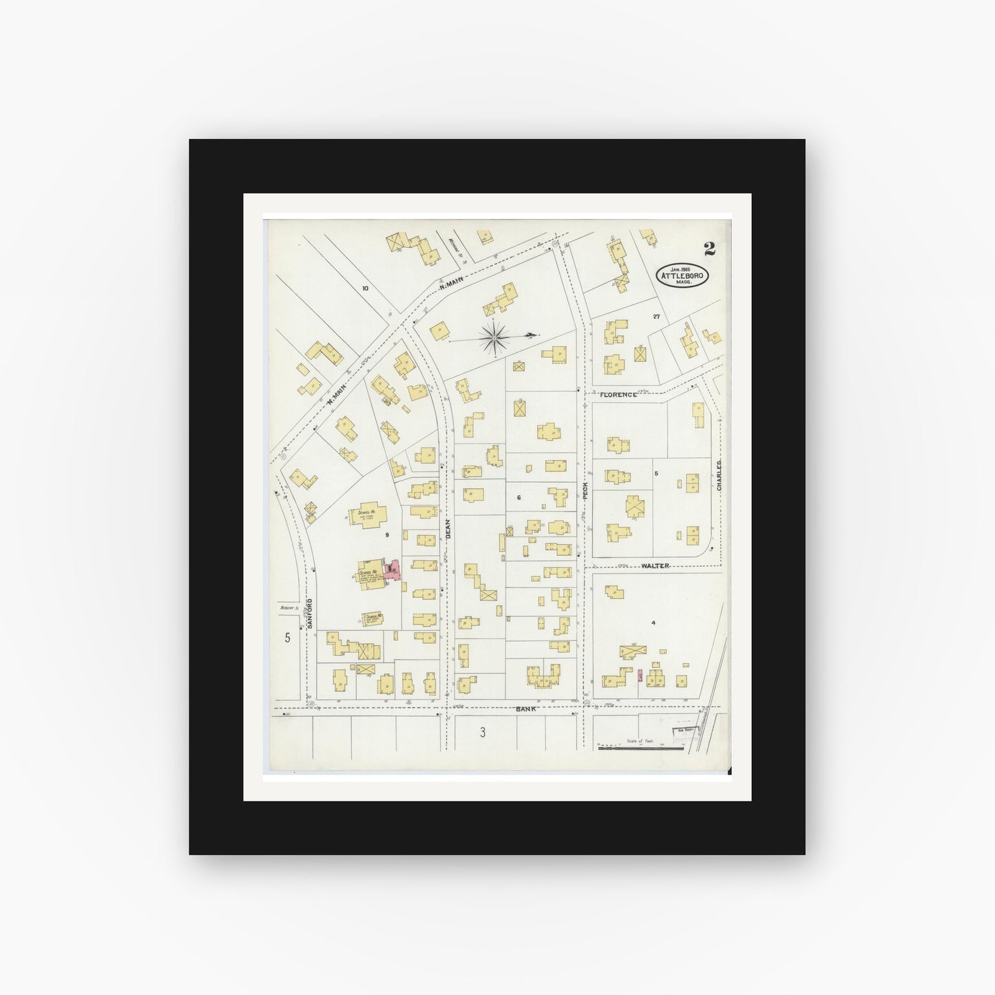 Old map wall art mockup — black gallery frame with white mat — Sanborn Fire Insurance Map from Attleboro, Bristol County, Massachusetts (1905), Sheet #0002