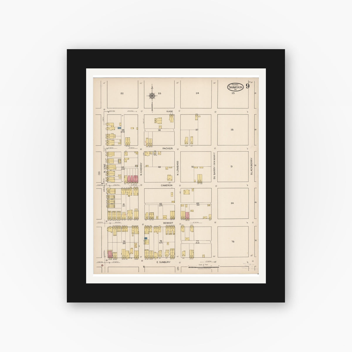 Old map wall art mockup — black gallery frame with white mat — Sanborn Fire Insurance Map from Shamokin, Northumberland County, Pennsylvania (1922), Sheet #0009