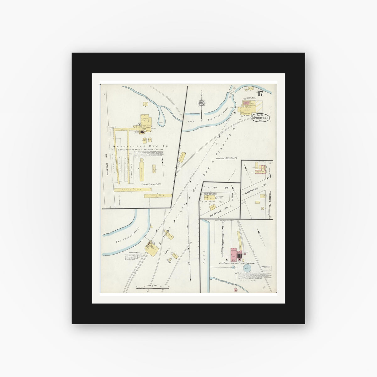 Old map wall art mockup — black gallery frame with white mat — Sanborn Fire Insurance Map from Marshfield, Wood County, Wisconsin (1912), Sheet #0017