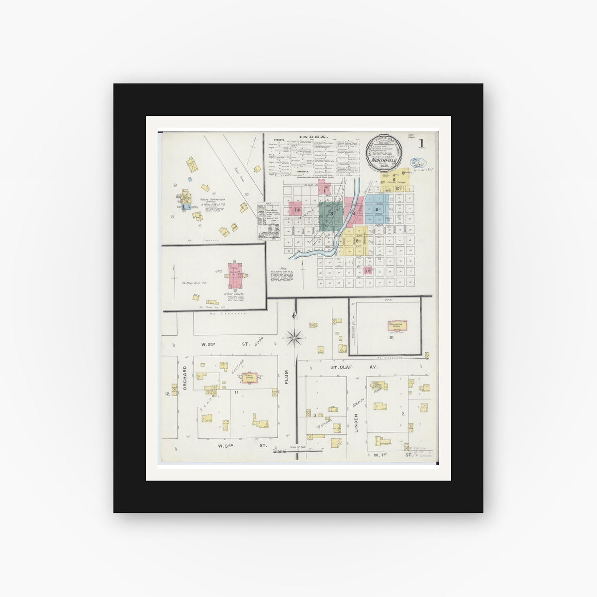 Old map wall art mockup — black gallery frame with white mat — Sanborn Fire Insurance Map from Northfield, Rice County, Minnesota (1894), Sheet #0001