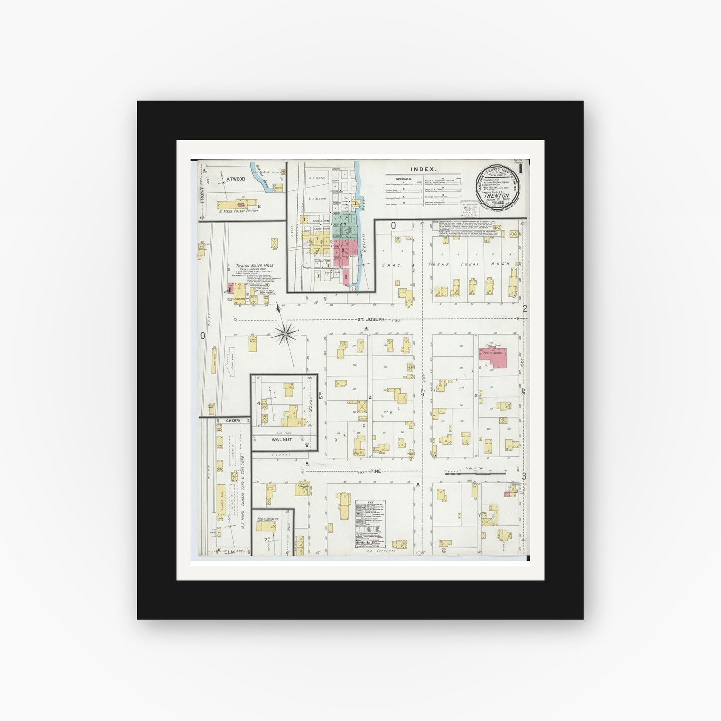 Old map wall art mockup β black gallery frame with white mat β Sanborn Fire Insurance Map from Trenton, Wayne County, Michigan (1900) - Complete Map Set