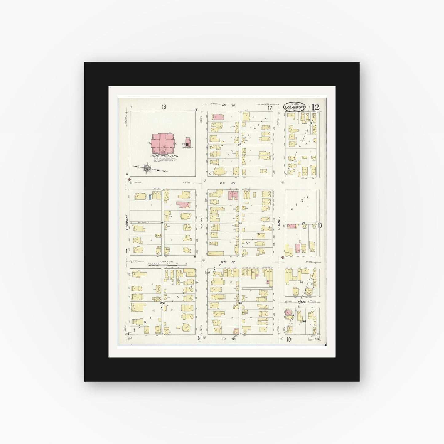 Old map wall art mockup — black gallery frame with white mat — Sanborn Fire Insurance Map from Logansport, Cass County, Indiana (1911), Sheet #0012