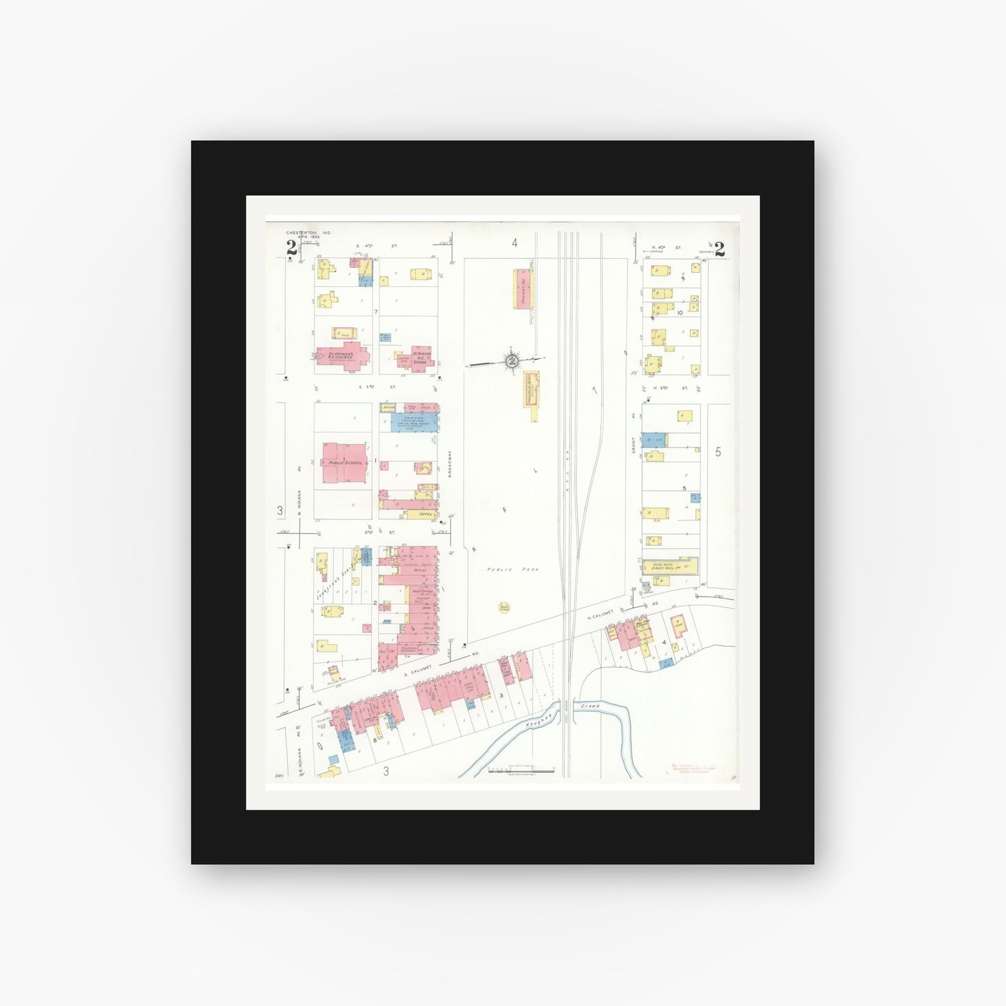 Old map wall art mockup — black gallery frame with white mat — Sanborn Fire Insurance Map from Chesterton, Porter County, Indiana (1935), Sheet #0002