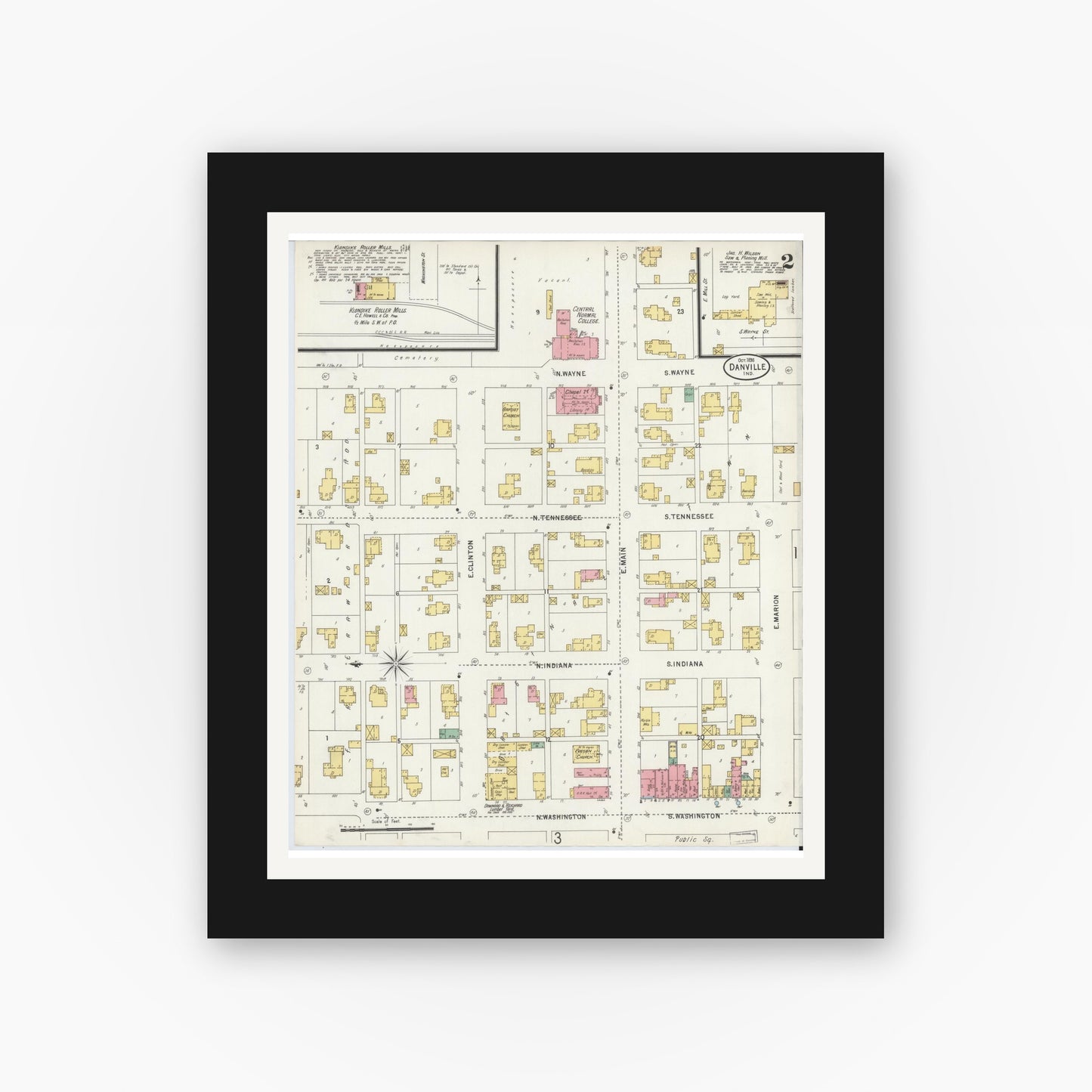 Old map wall art mockup — black gallery frame with white mat — Sanborn Fire Insurance Map from Danville, Hendricks County, Indiana (1898), Sheet #0002