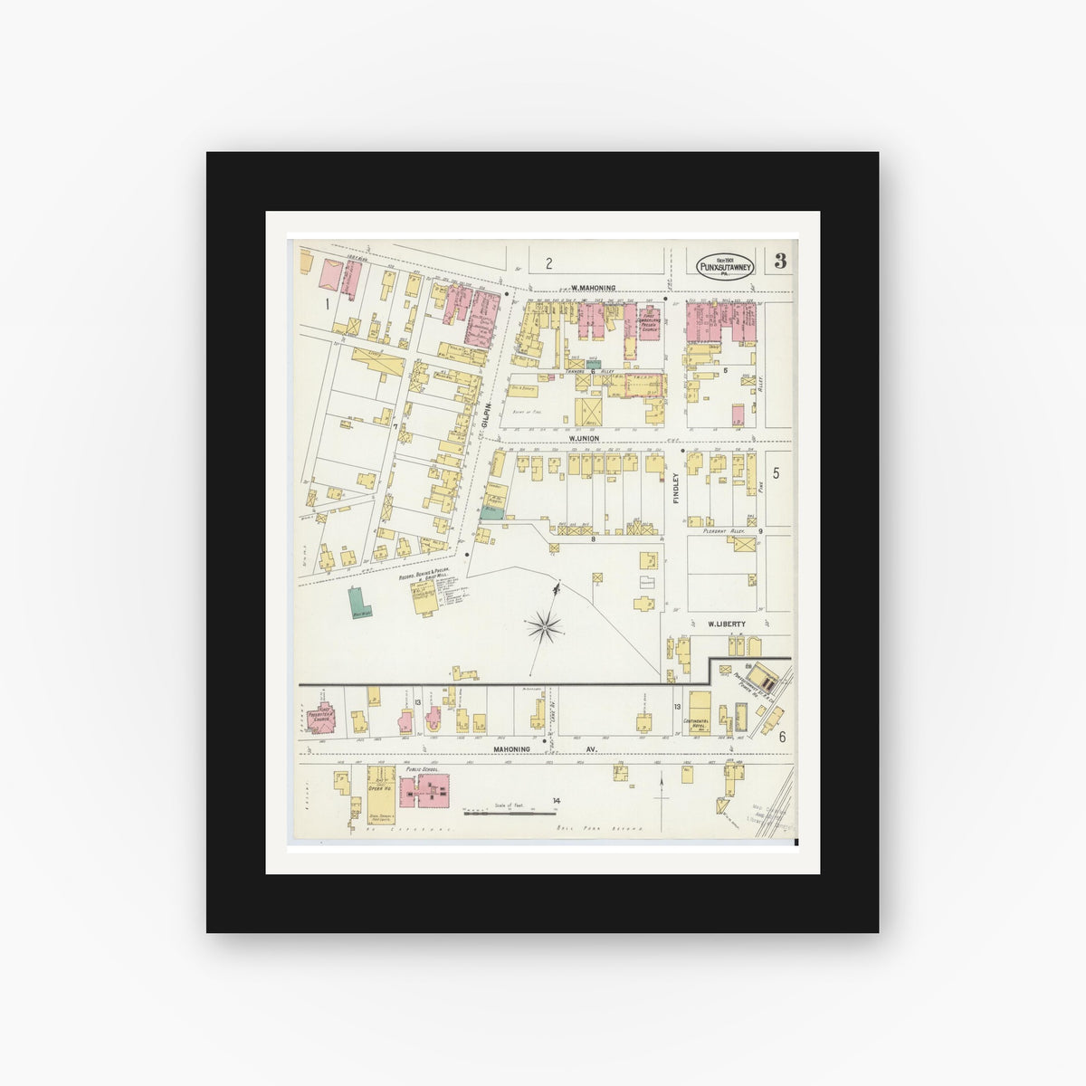 Old map wall art mockup — black gallery frame with white mat — Sanborn Fire Insurance Map from Punxsutawney, Jefferson County, Pennsylvania (1901), Sheet #0003