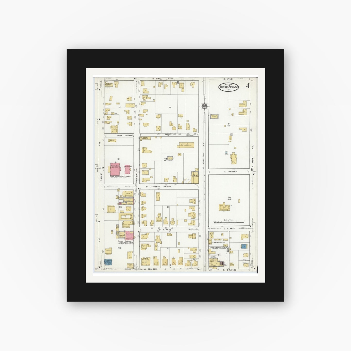 Old map wall art mockup — black gallery frame with white mat — Sanborn Fire Insurance Map from Tarpon Springs, Pinellas County, Florida (1919), Sheet #0004
