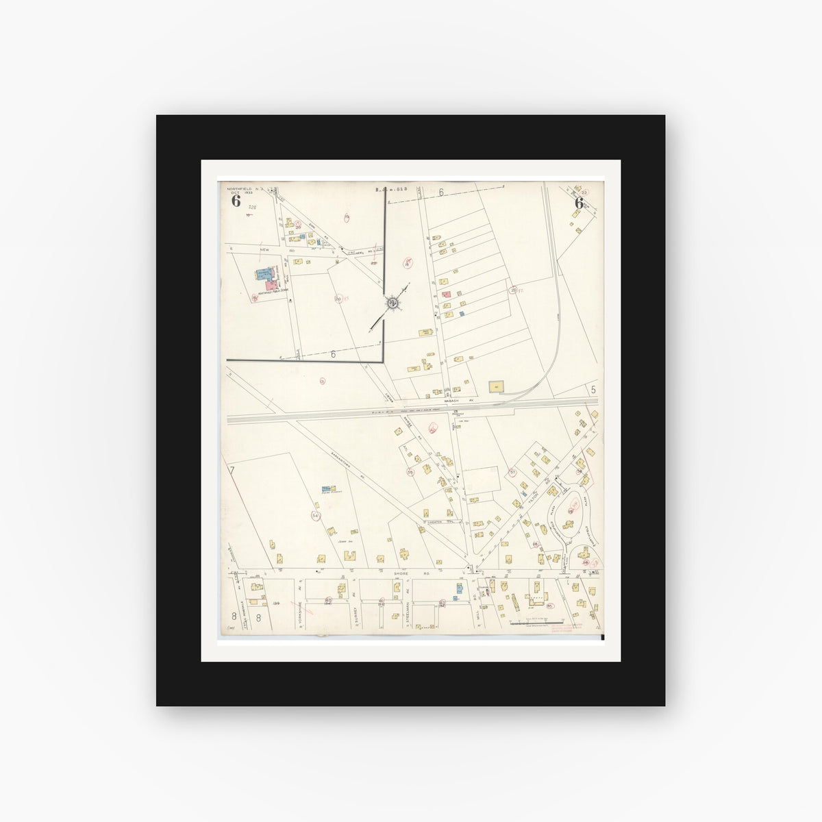 Old map wall art mockup — black gallery frame with white mat — Sanborn Fire Insurance Map from Northfield, Atlantic County, New Jersey (1942), Sheet #0006