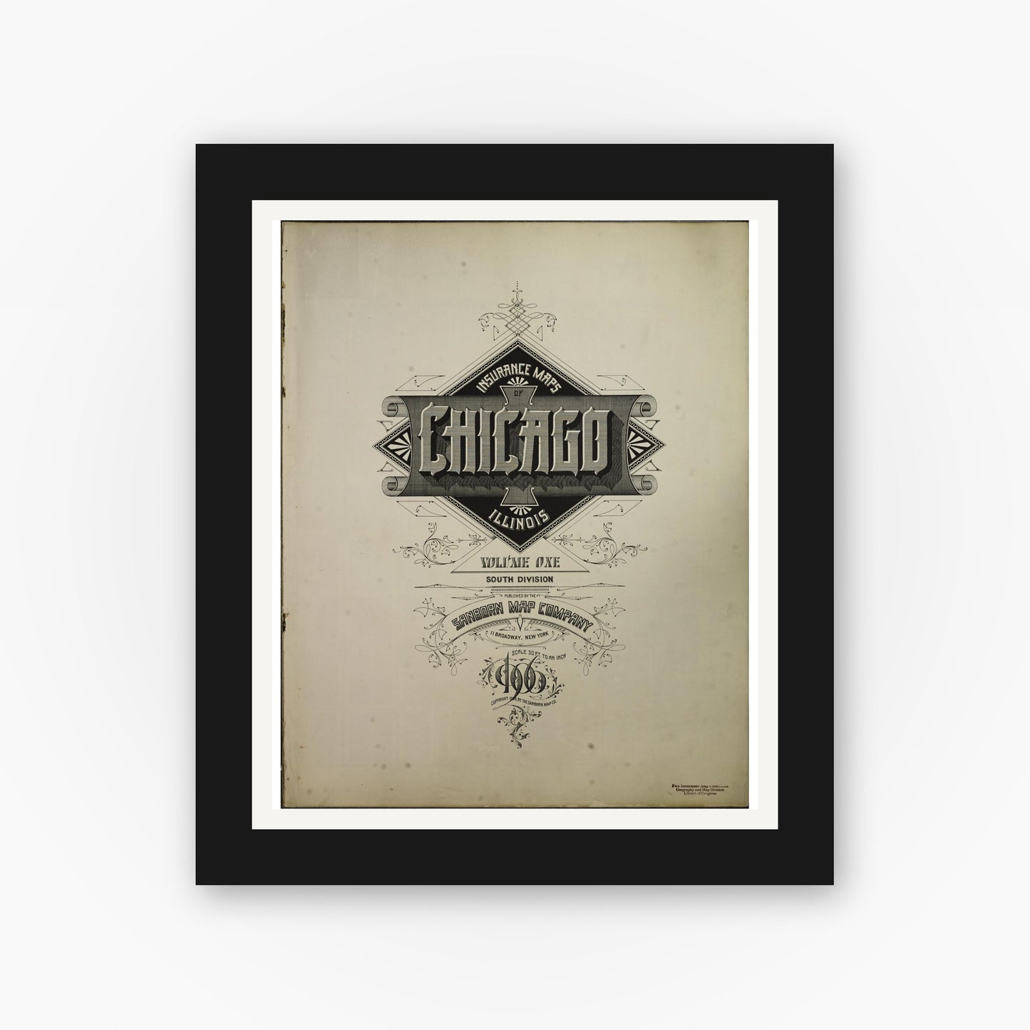 Old map wall art mockup — black gallery frame with white mat — Sanborn Fire Insurance Map from Chicago, Cook County, Illinois (1906), Sheet #0001