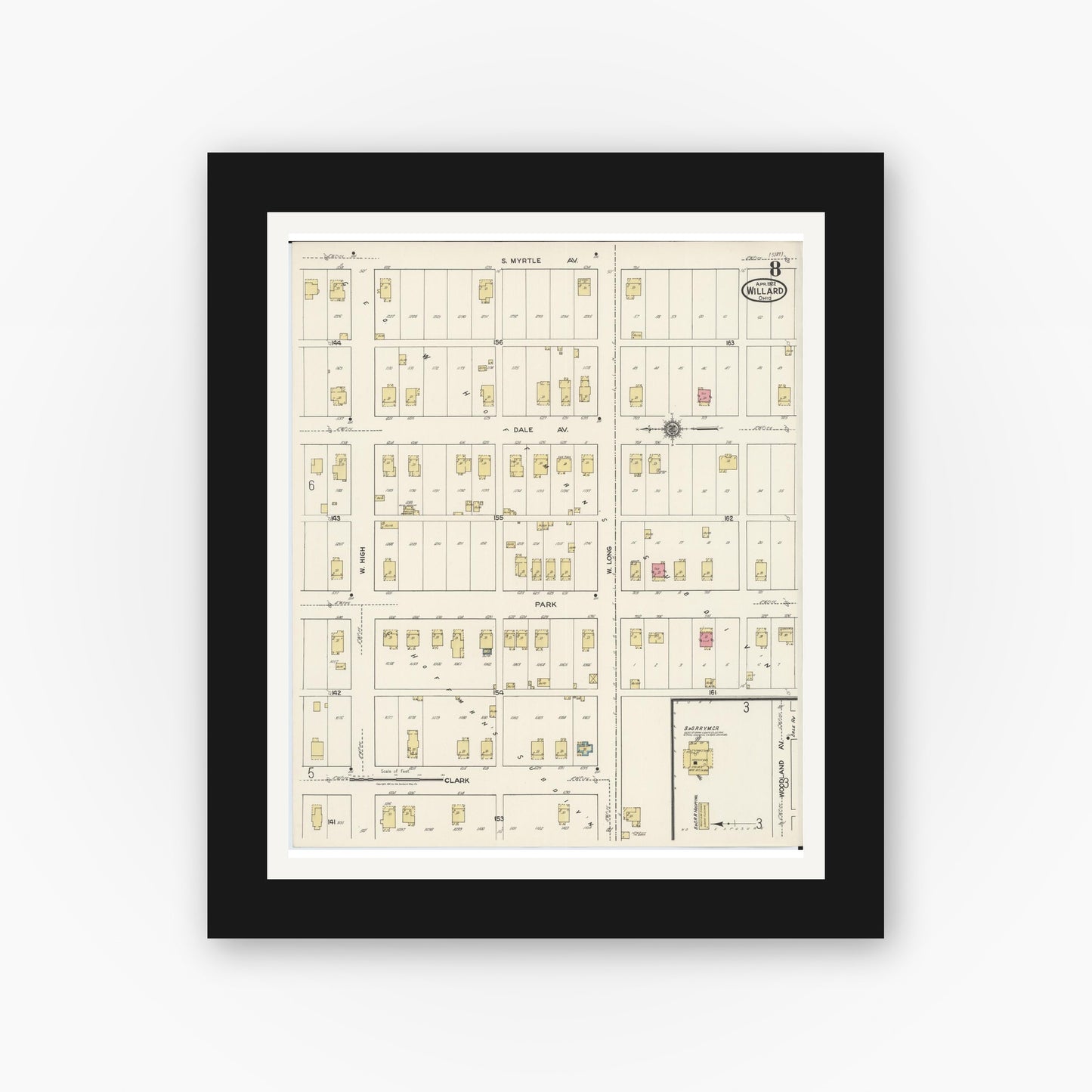 Old map wall art mockup — black gallery frame with white mat — Sanborn Fire Insurance Map from Willard, Huron County, Ohio (1922), Sheet #0008