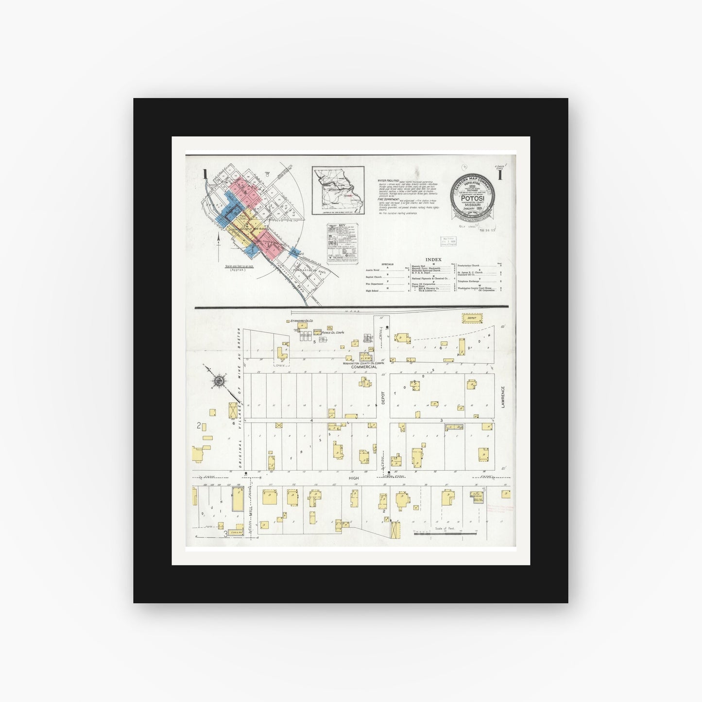 Old map wall art mockup — black gallery frame with white mat — Sanborn Fire Insurance Map from Potosi, Washington County, Missouri (1929) - Complete Map Set