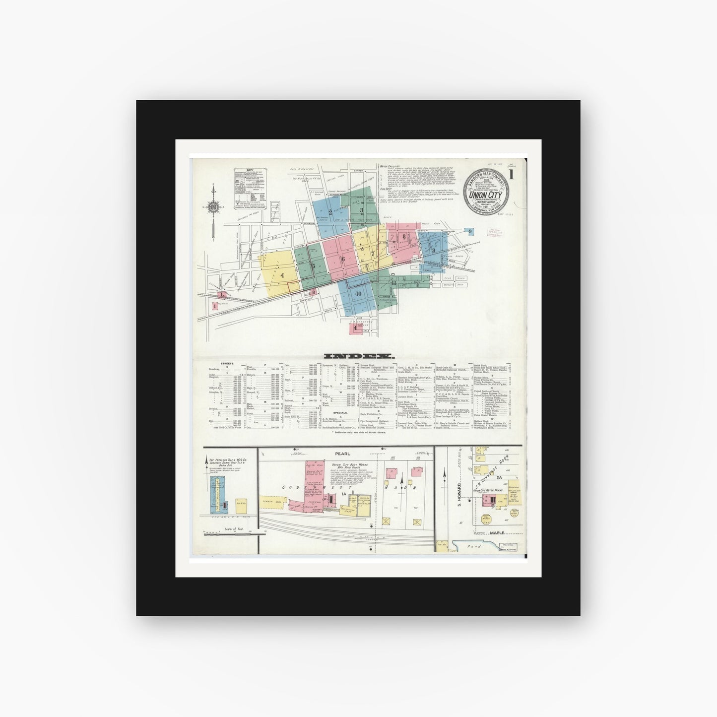 Old map wall art mockup — black gallery frame with white mat — Sanborn Fire Insurance Map from Union City, Randolph County, Indiana (1911) - Complete Map Set