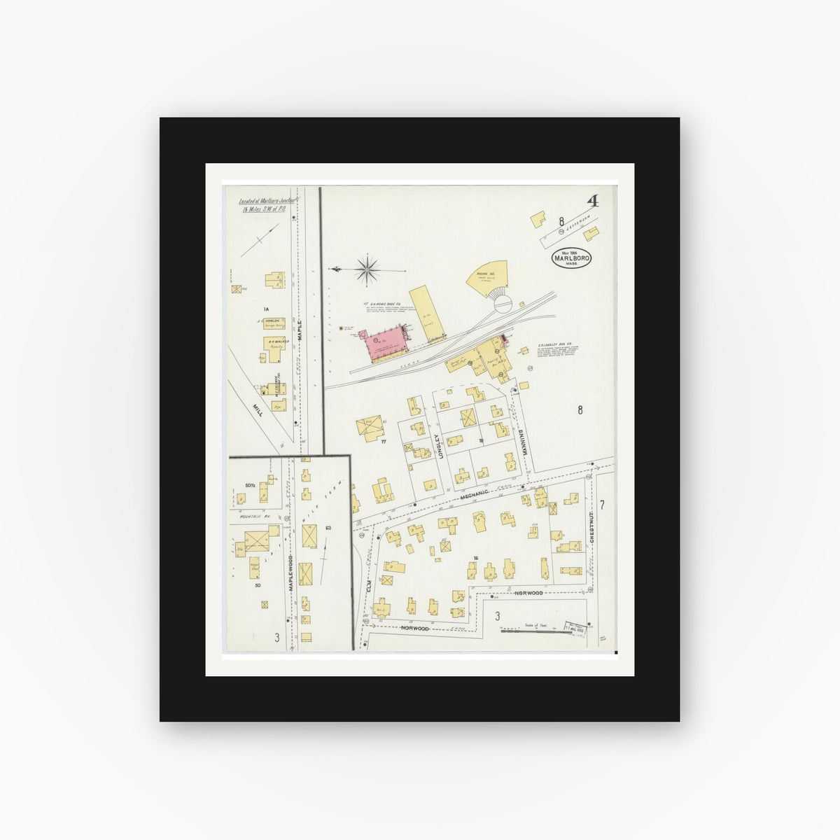 Old map wall art mockup — black gallery frame with white mat — Sanborn Fire Insurance Map from Marlborough, Middlesex County, Massachusetts (1906), Sheet #0004