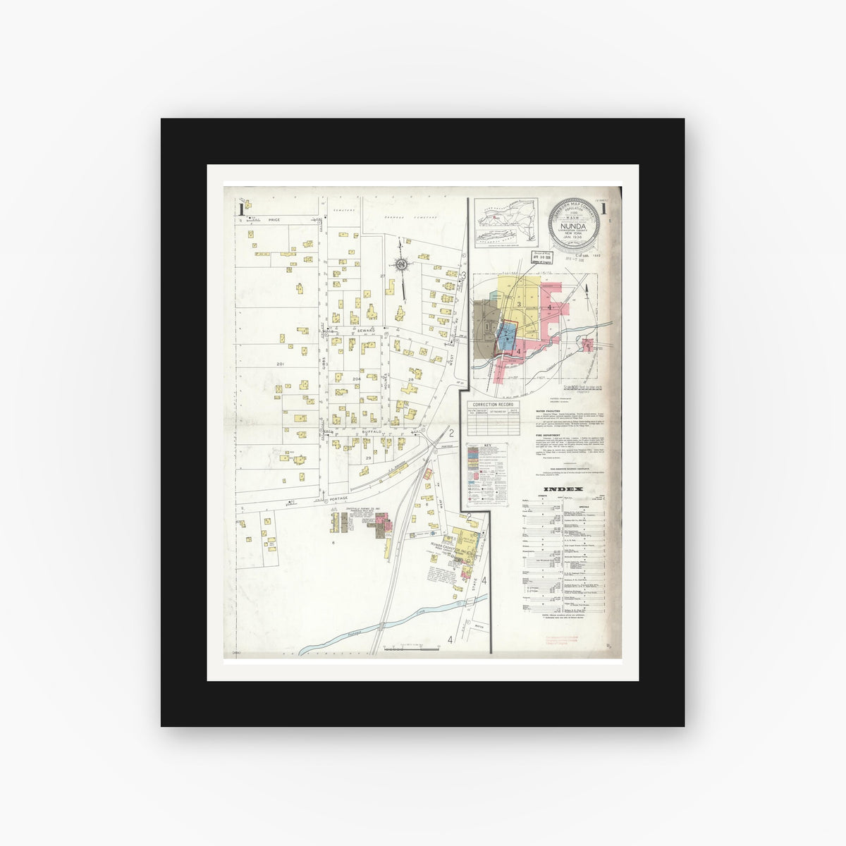 Old map wall art mockup — black gallery frame with white mat — Sanborn Fire Insurance Map from Nunda, Livingston County, New York (1936), Sheet #0001