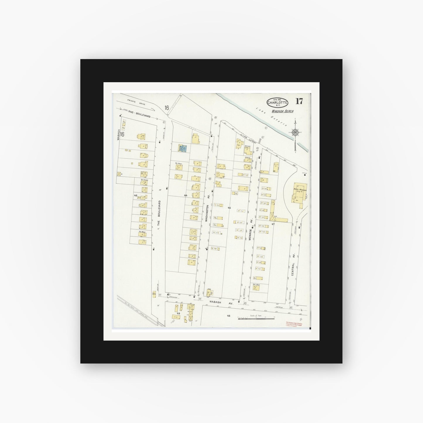 Old map wall art mockup — black gallery frame with white mat — Sanborn Fire Insurance Map from Charlotte, Monroe County, New York (1912), Sheet #0017