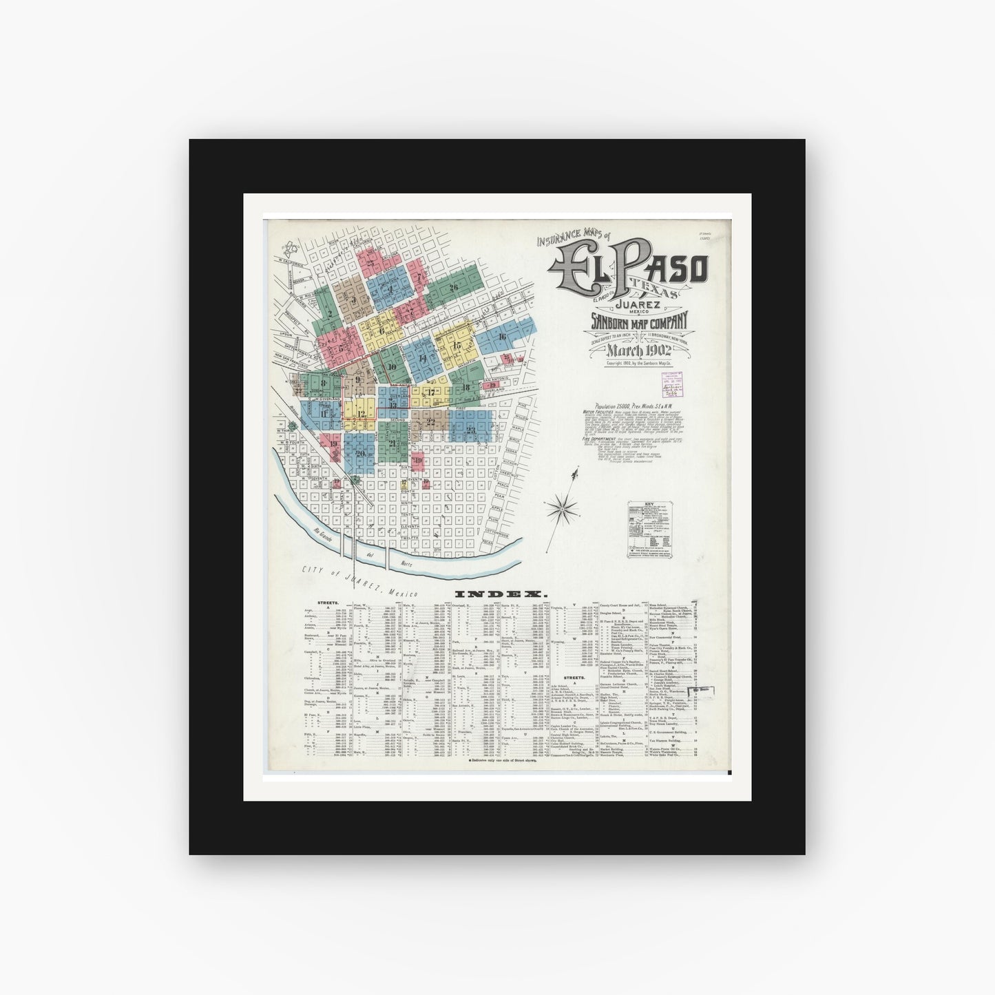 Old map wall art mockup — black gallery frame with white mat — Sanborn Fire Insurance Map from El Paso, El Paso County, Texas (1902) - Complete Map Set