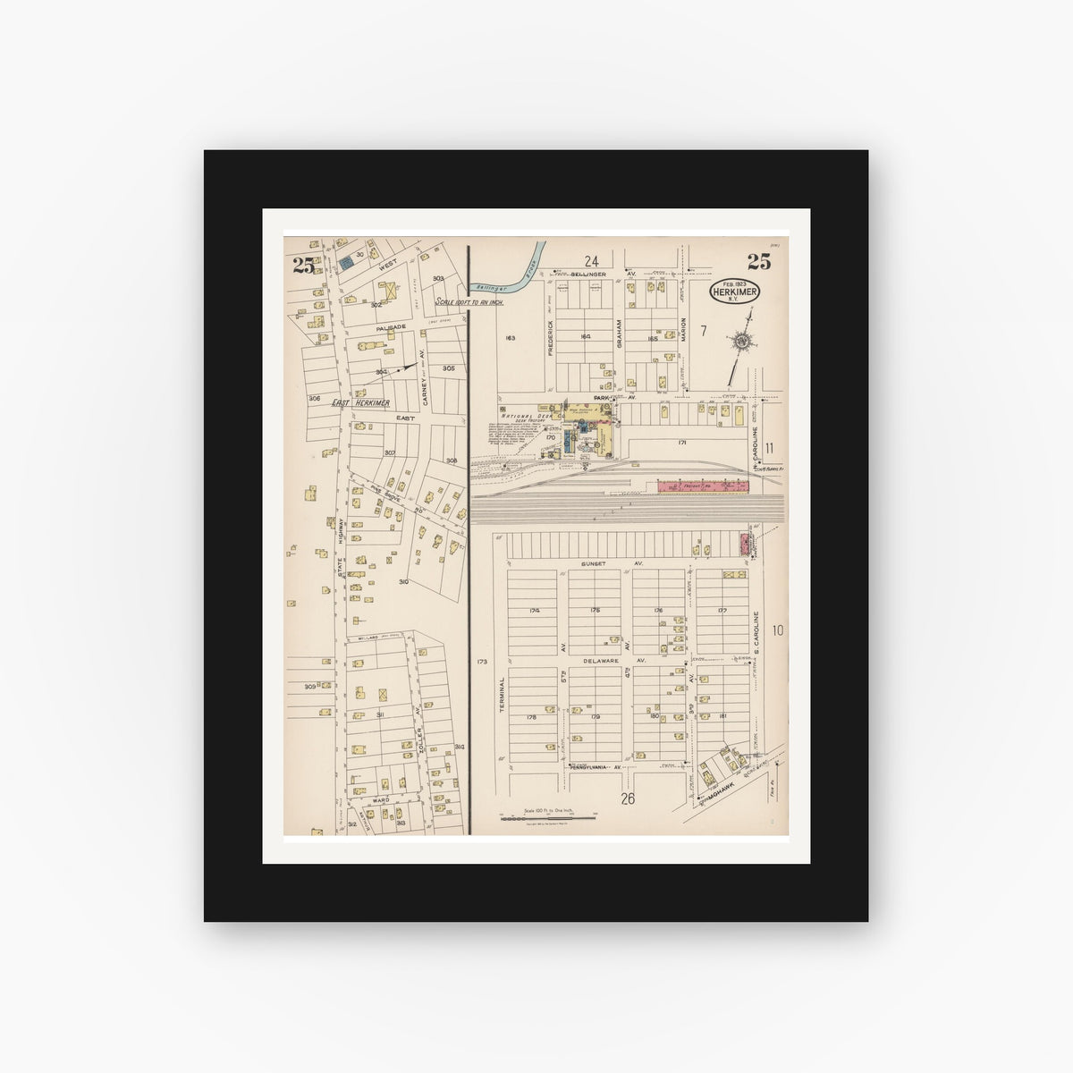 Old map wall art mockup — black gallery frame with white mat — Sanborn Fire Insurance Map from Herkimer, Herkimer County, New York (1923), Sheet #0025