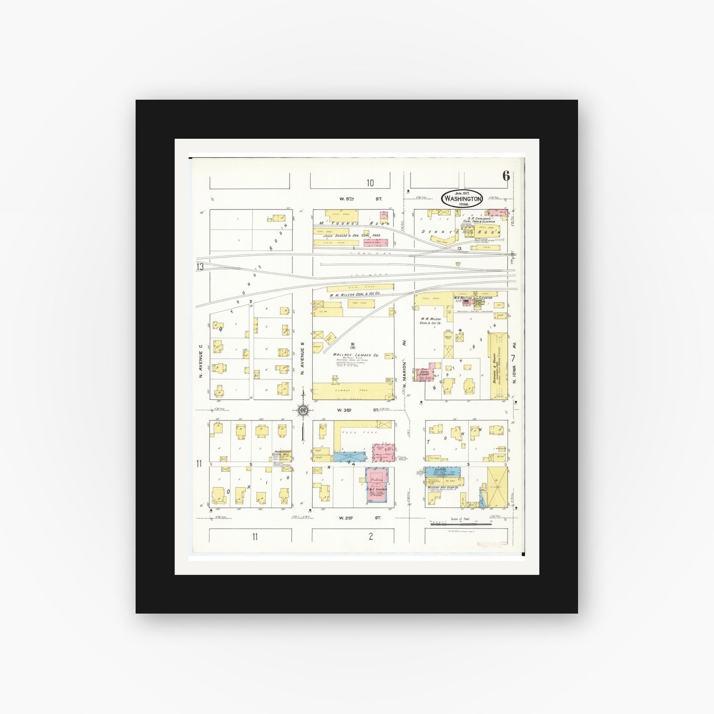 Old map wall art mockup — black gallery frame with white mat — Sanborn Fire Insurance Map from Washington, Washington County, Iowa (1917), Sheet #0006