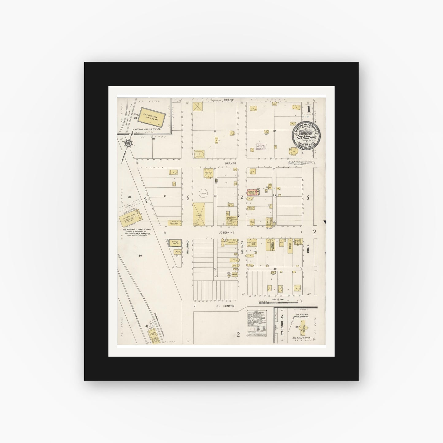 Old map wall art mockup — black gallery frame with white mat — Sanborn Fire Insurance Map from Los Molinos, Tehama County, California (1914), Sheet #0001