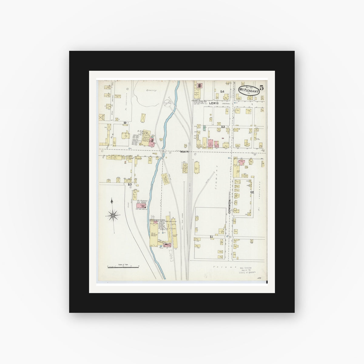 Old map wall art mockup — black gallery frame with white mat — Sanborn Fire Insurance Map from Mount Pleasant, Westmoreland County, Pennsylvania (1891), Sheet #0005