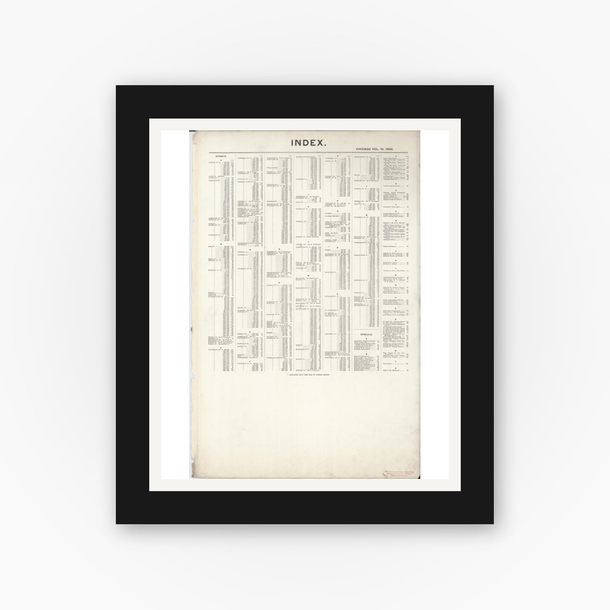 Old map wall art mockup — black gallery frame with white mat — Sanborn Fire Insurance Map from Chicago, Cook County, Illinois (1896), Sheet #0001