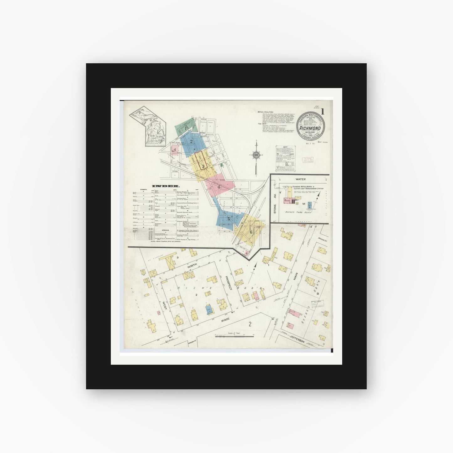 Old map wall art mockup — black gallery frame with white mat — Sanborn Fire Insurance Map from Richmond, Macomb County, Michigan (1913) - Complete Map Set
