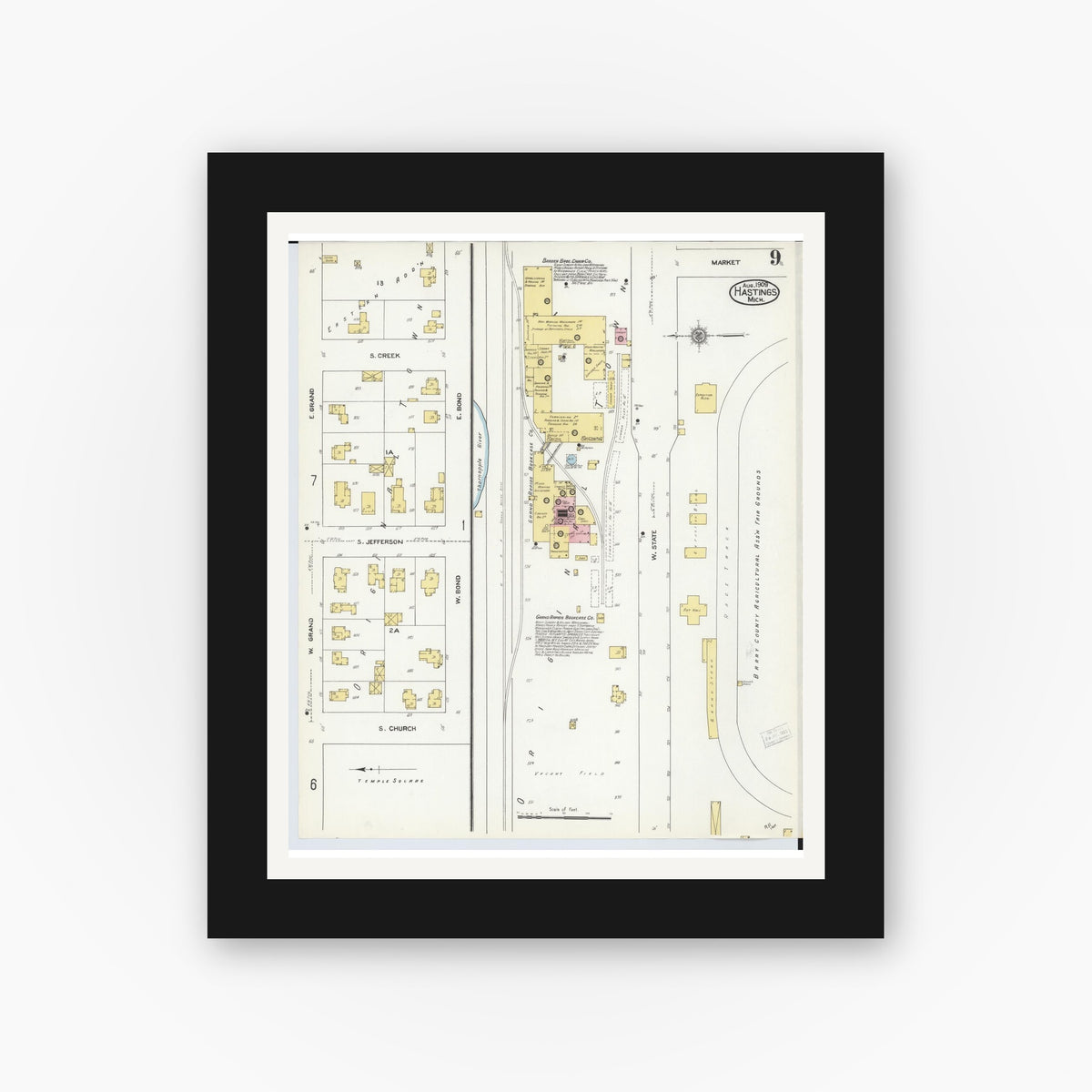 Old map wall art mockup — black gallery frame with white mat — Sanborn Fire Insurance Map from Hastings, Barry County, Michigan (1909), Sheet #0009
