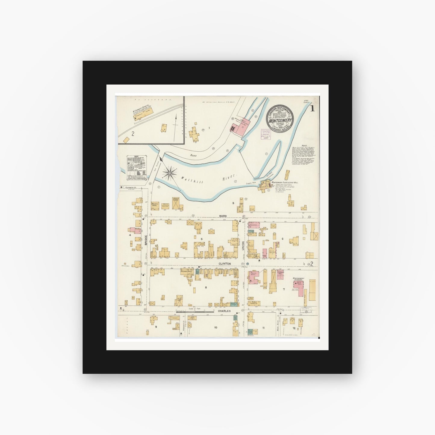 Old map wall art mockup — black gallery frame with white mat — Sanborn Fire Insurance Map from Montgomery, Orange County, New York (1904), Sheet #0001