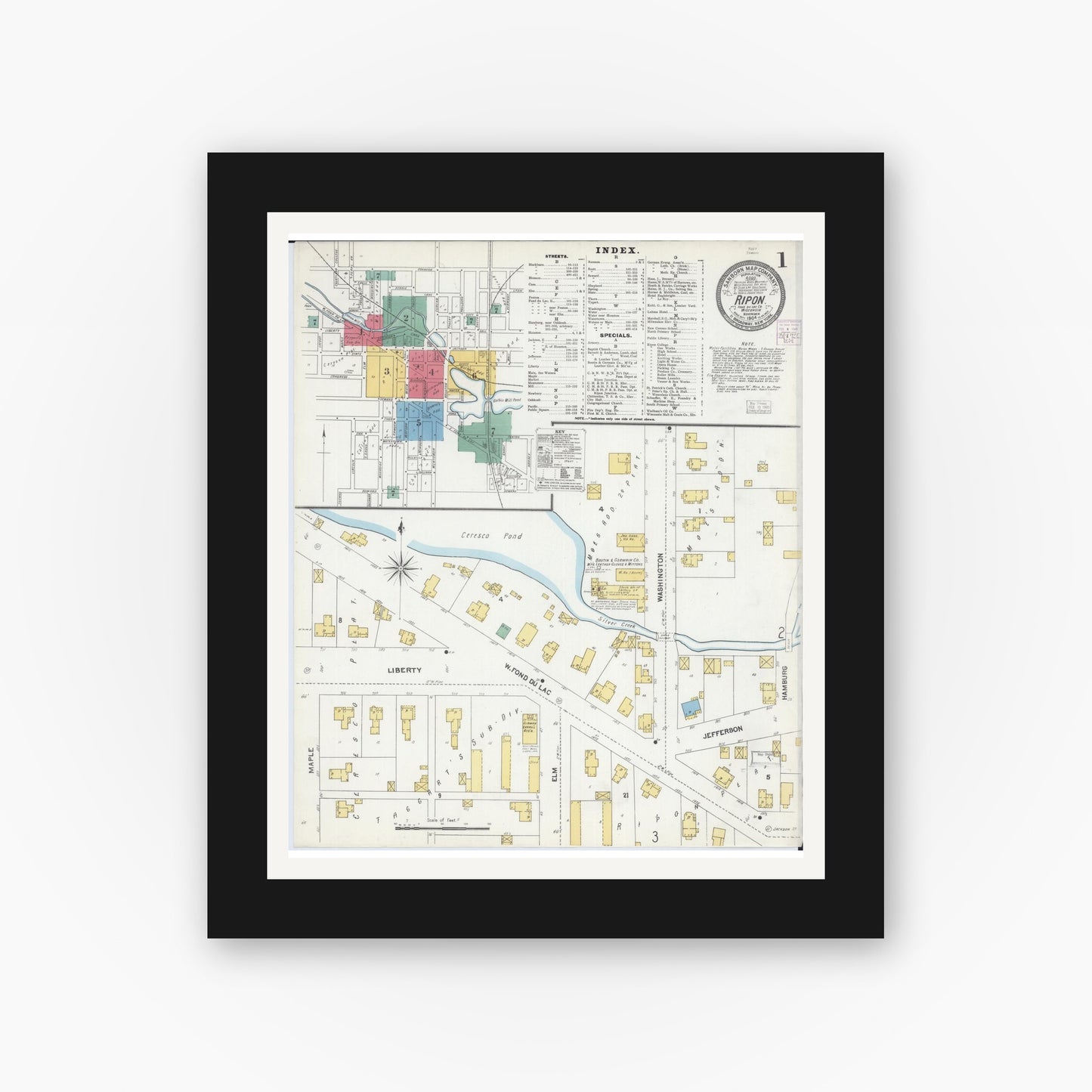 Old map wall art mockup — black gallery frame with white mat — Sanborn Fire Insurance Map from Ripon, Fond du Lac County, Wisconsin (1904) - Complete Map Set