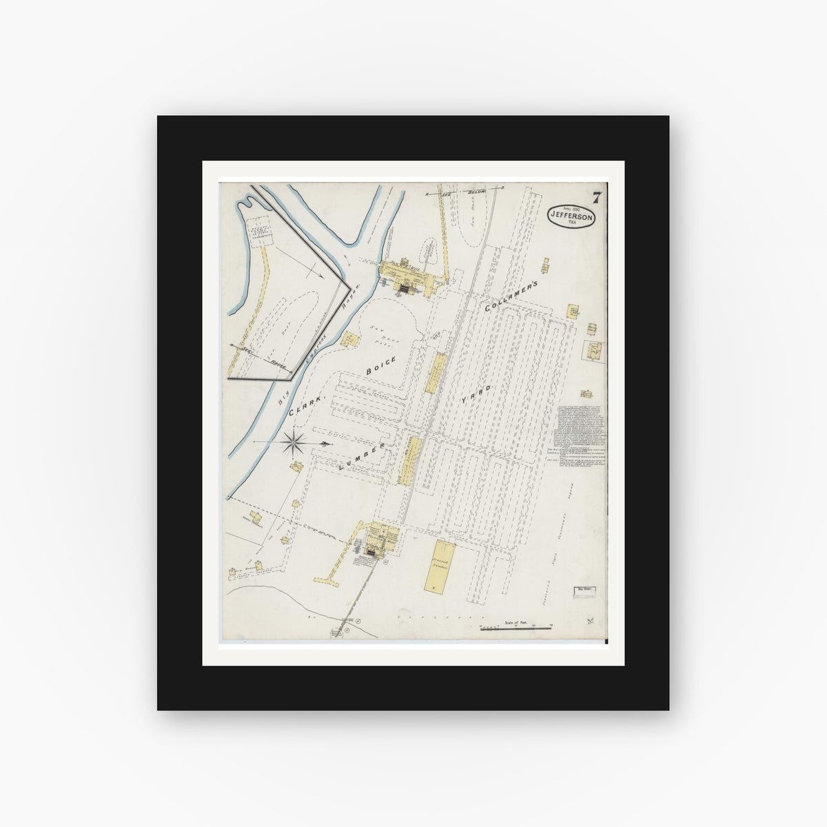 Old map wall art mockup — black gallery frame with white mat — Sanborn Fire Insurance Map from Jefferson, Marion County, Texas (1890), Sheet #0007