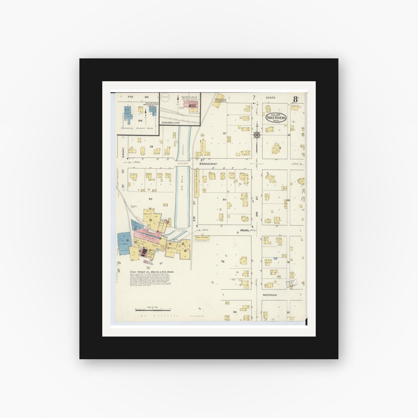 Old map wall art mockup — black gallery frame with white mat — Sanborn Fire Insurance Map from Three Rivers, Saint Joseph County, Michigan (1916), Sheet #0008
